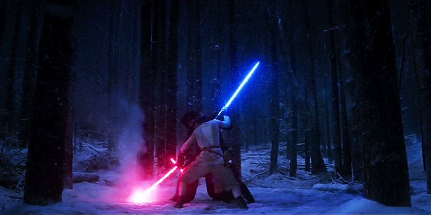 Rey fights Kylo Ren on Starkiller Base in Star Wars The Force Awakens