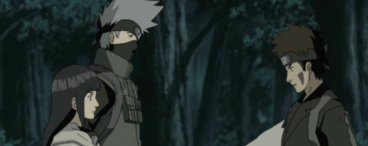 Hinata und Kakashi sprechen mit Kiba im Wald in Naruto Shippuden