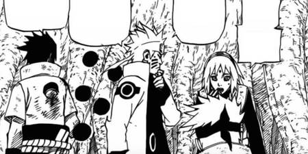 Sasuke, Naruto und Sakura sprechen vor Kakashi während des Krieges im Manga