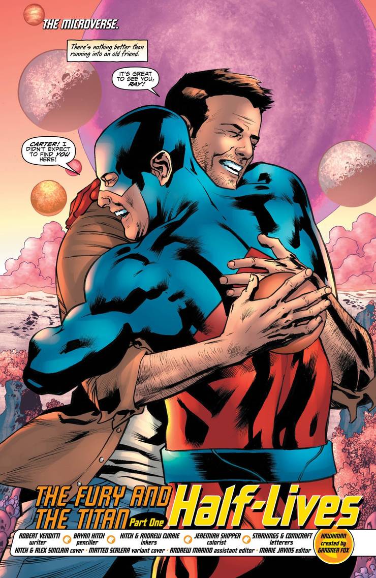 Hawkman and Atom Hugging Each other