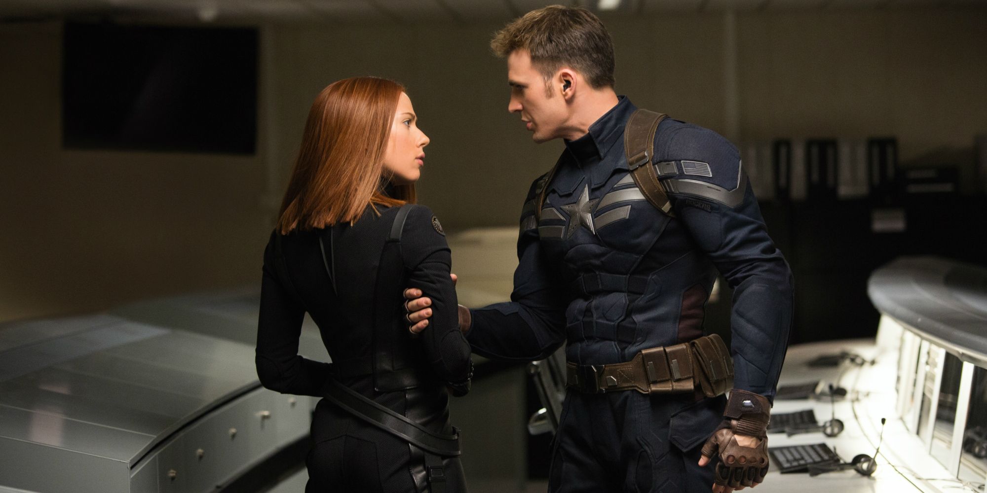 Scarlett Johansson as Black Widow and Chris Evans as Steve Rogers in Captain America The Winter Soldier