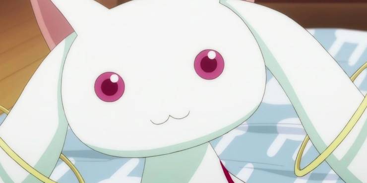 Kyubey pretends to be nonthreatening as it talks to magical girls in Madoka Magica