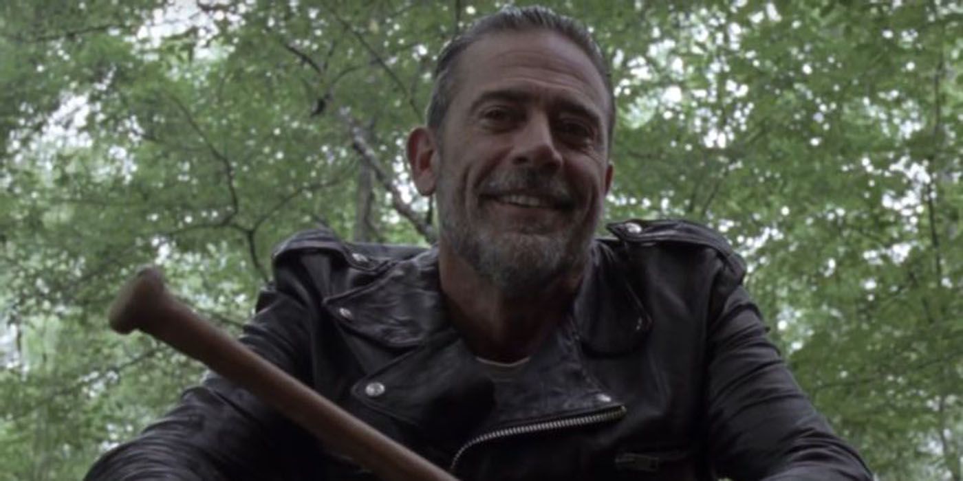 Negan kneeling with Lucille on The Walking Dead