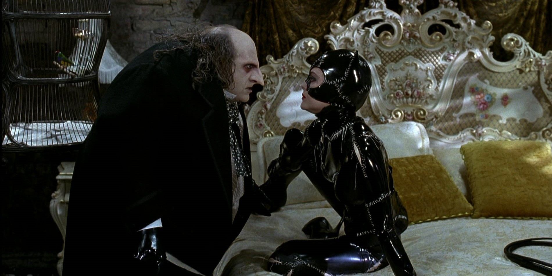 Danny DeVito as Oswald Cobblepot Penguin and Michelle Pfeiffer as Selina Kyle Catwoman in Batman Returns