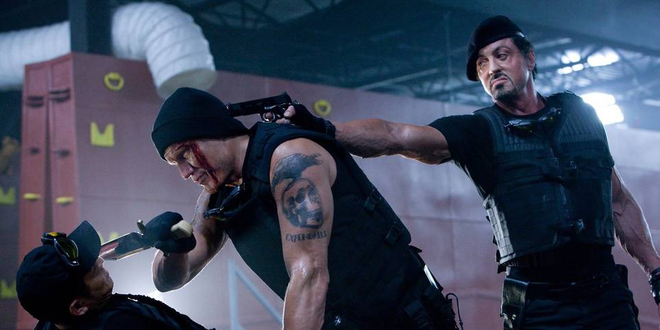 소모품의 제트 리와 돌프 룬드그렌과 실베스터 스탤론