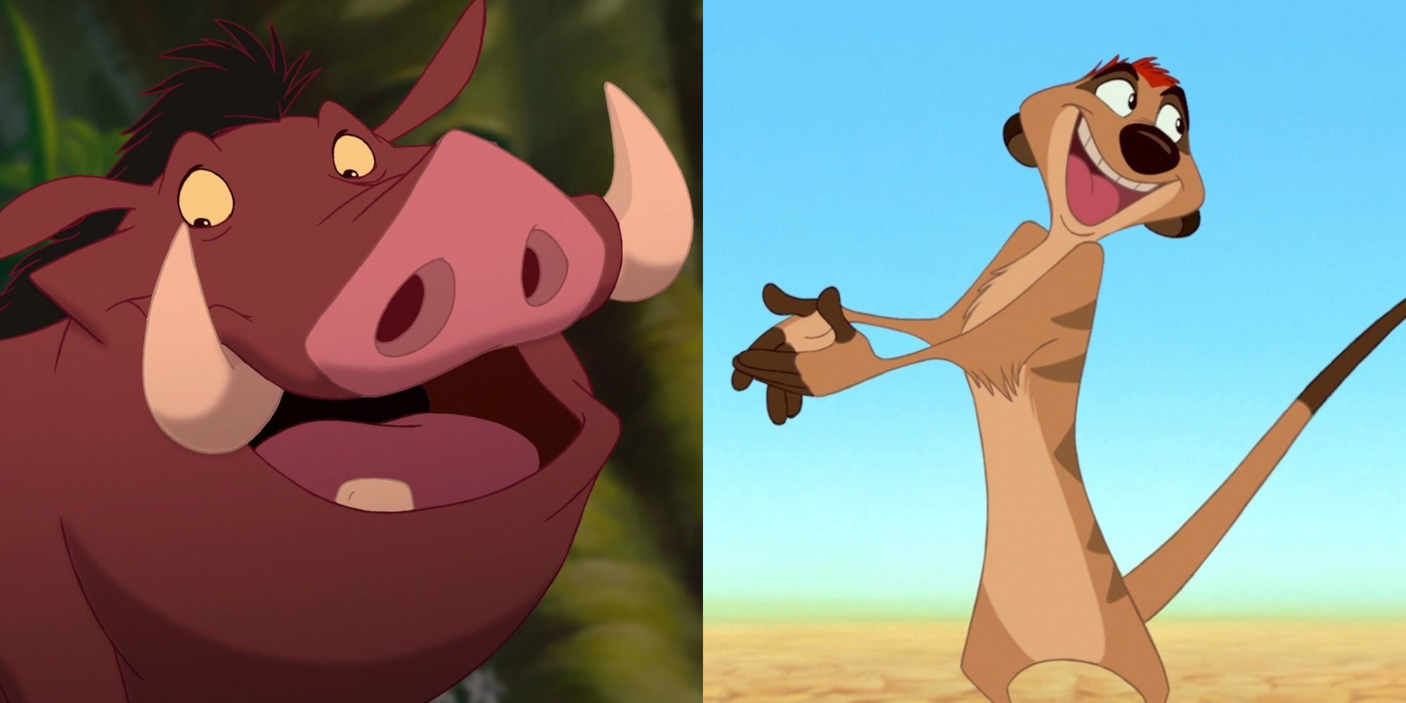 Side by side images of Pumbaa and Timon smiling in The Lion King 1994