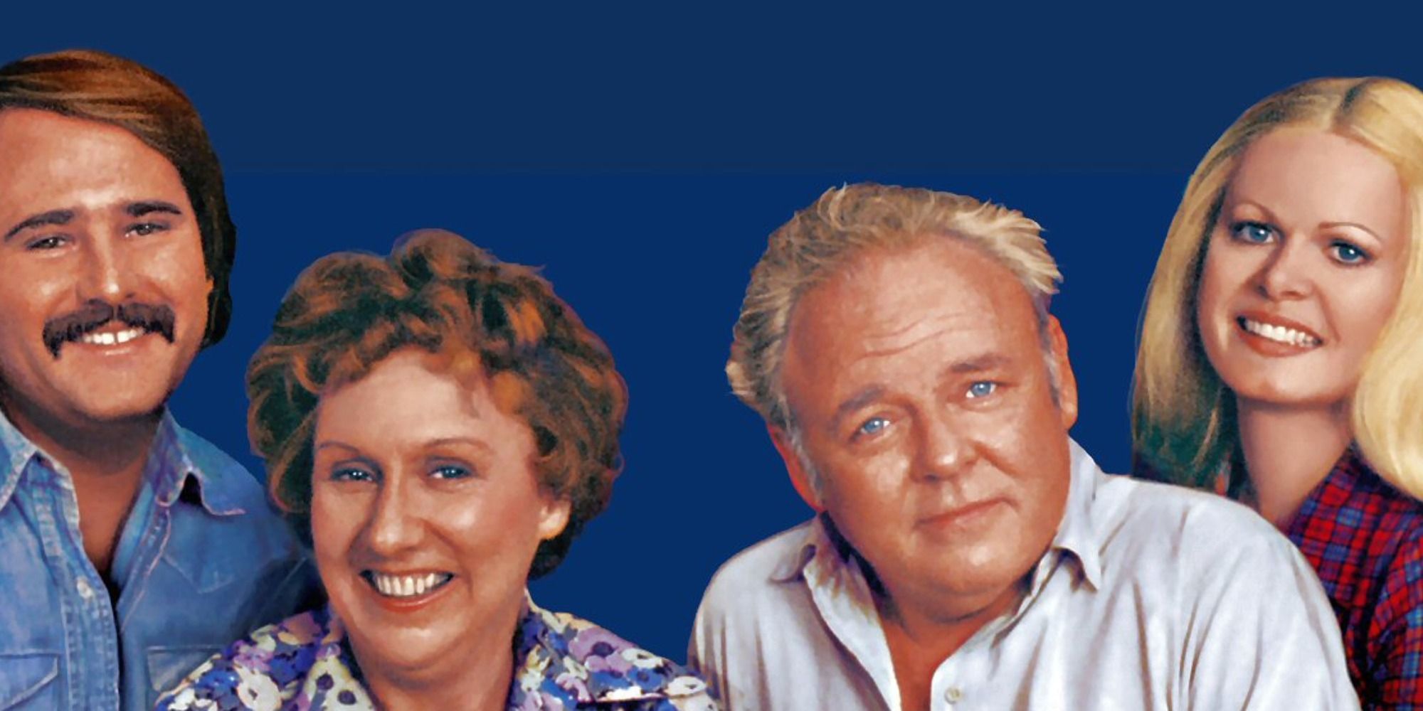 Mike Edith Archie and Gloria posed together against a blue background for All In The Family