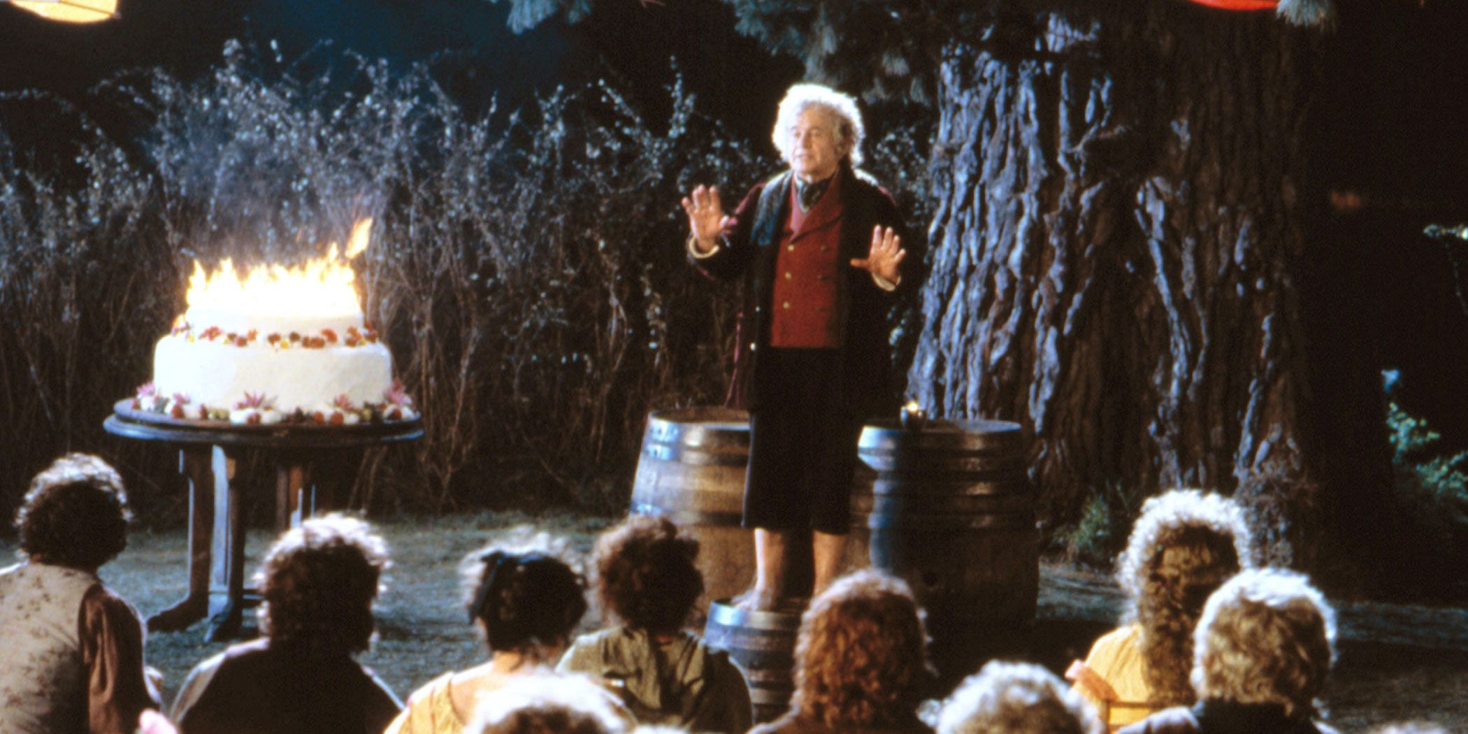 Bilbo Baggins giving a speech at his birthday party in The Lord of the Rings The Fellowship of the Ring
