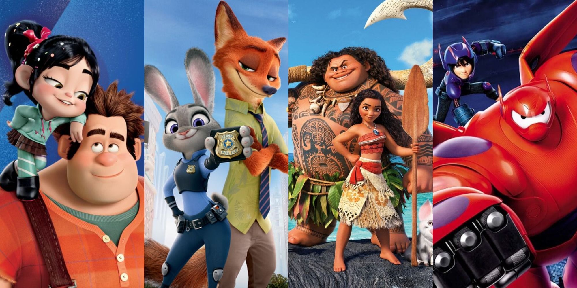 Split image of the main characters from the posters of Wreck It Ralph Zootopia Moana and Big Hero 6