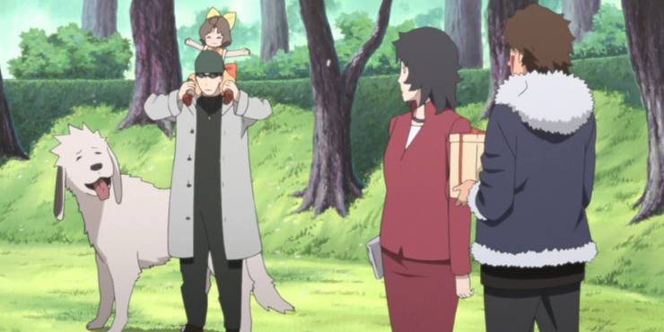 Shino woont Naruto en Hintatas bruiloft bij met Kurenai Mirai en Kiba