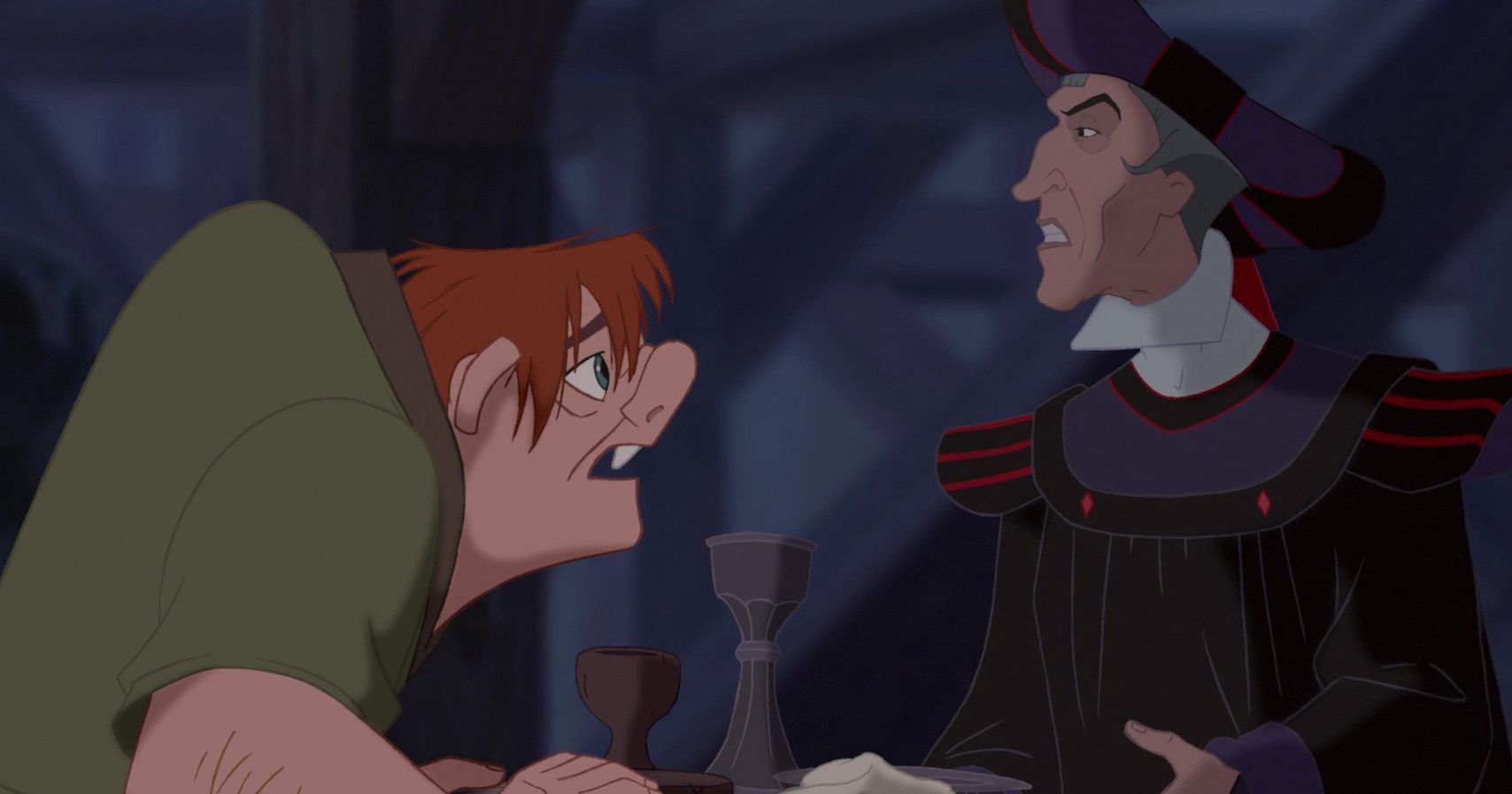 2. The Hunchback of Notre Dame: This is an unlikely approach for a Disney movie.  Judge Claude is the meanest Disney villain, fueled by lust.  The music of the Hunchback is also darker than that of other Disney films.  There are still some funny moments.  The ending has also been rewritten, but it's hard to thoroughly clean up such a dark story.