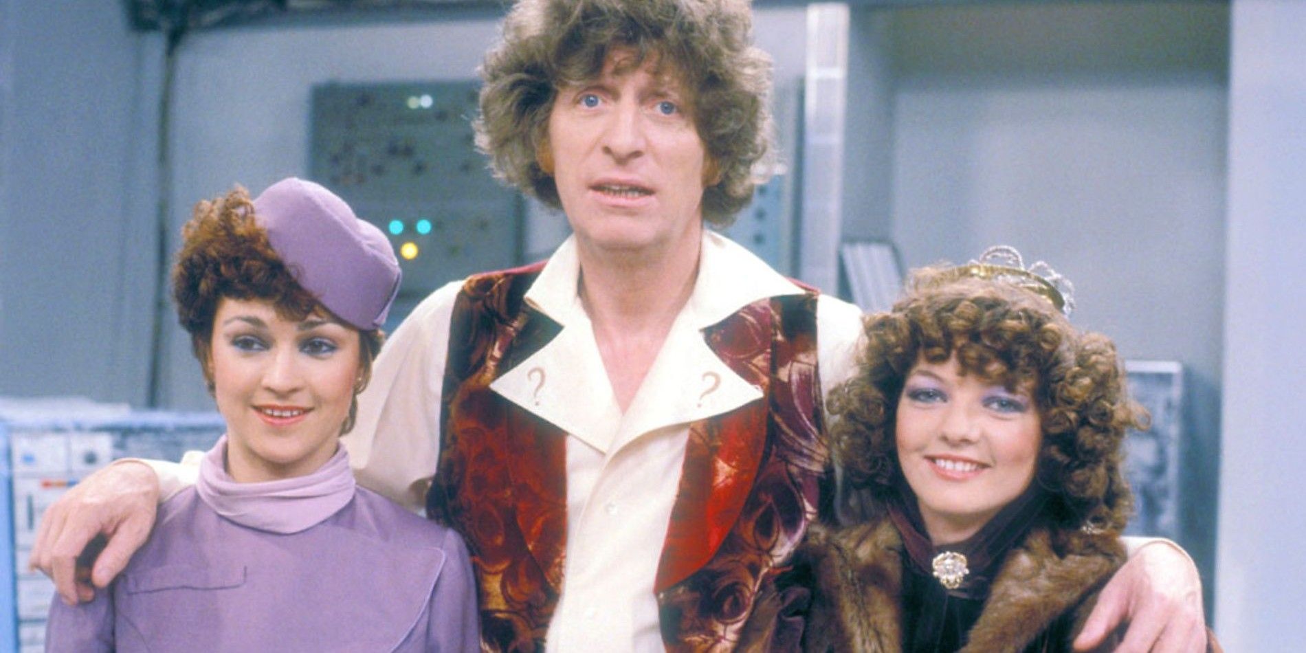 Janet Fielding as Tegan Tom Baker as Fourth Doctor and Sarah Sutton as Nyssa in Doctor Who
