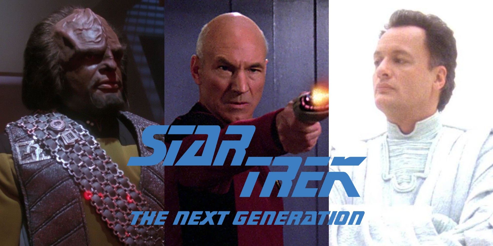 Split image of Worf Picard and Q from Star Trek The Next Generation with the shows logo on top