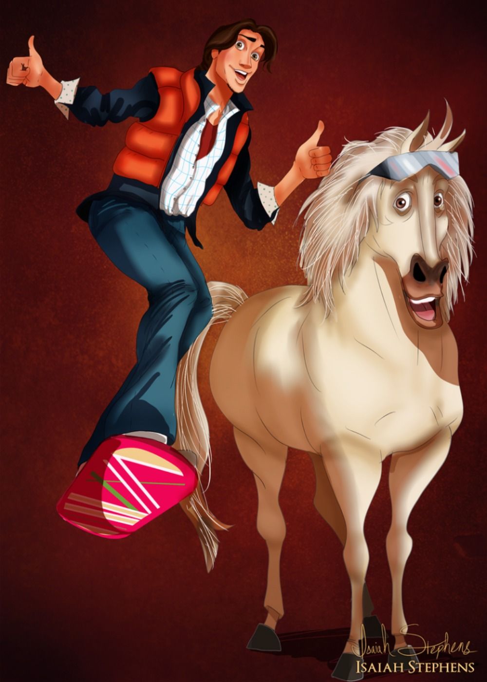 Flynn Rider is depicted as Marty McFly in this piece, while Maximus is dres...