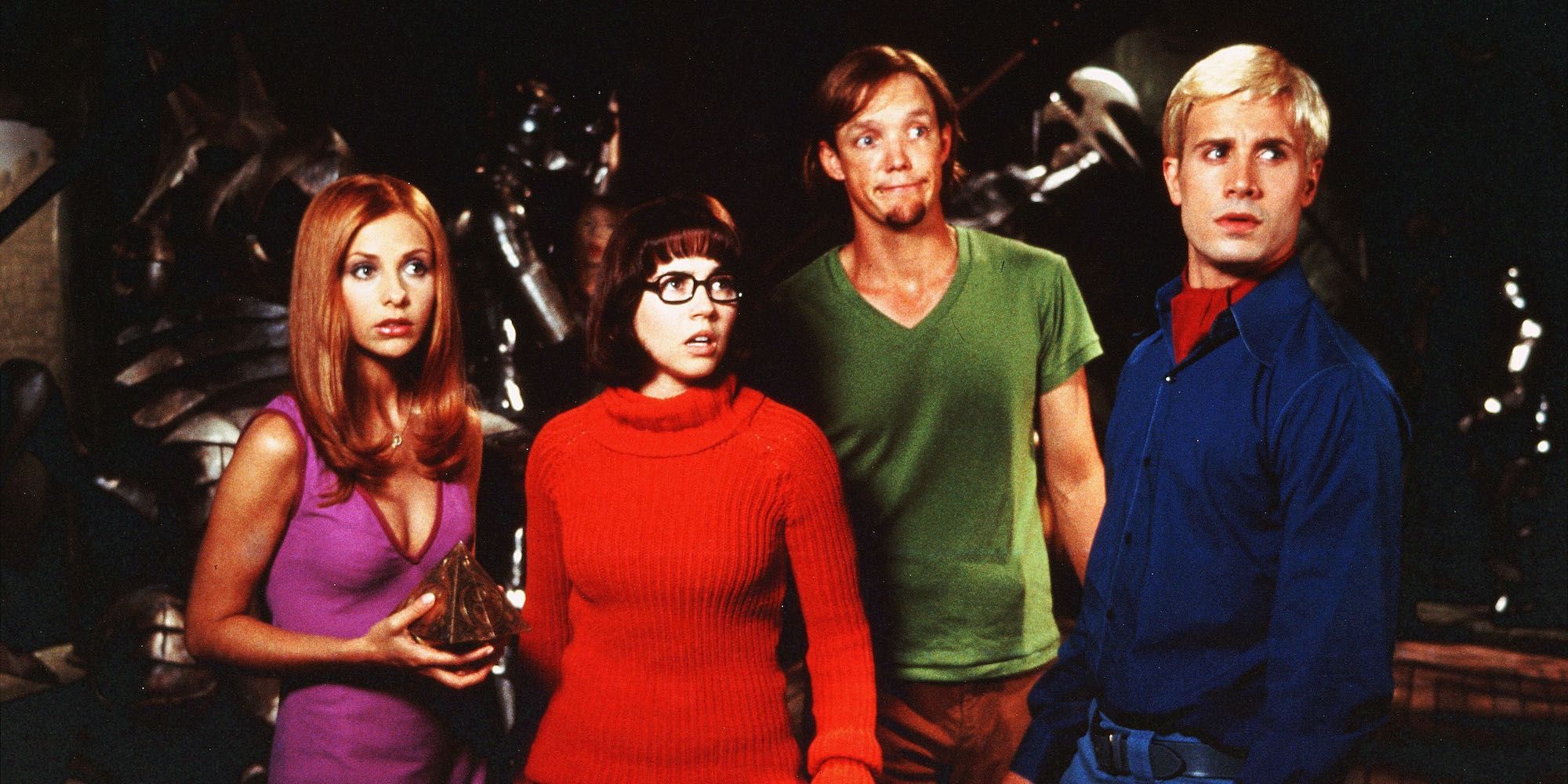 Sarah Michelle Gellar Linda Cardellini Matthew Lillard and Freddie Prinze Jr as Daphne Velma Shaggy and Freddy in Scooby Doo Movie