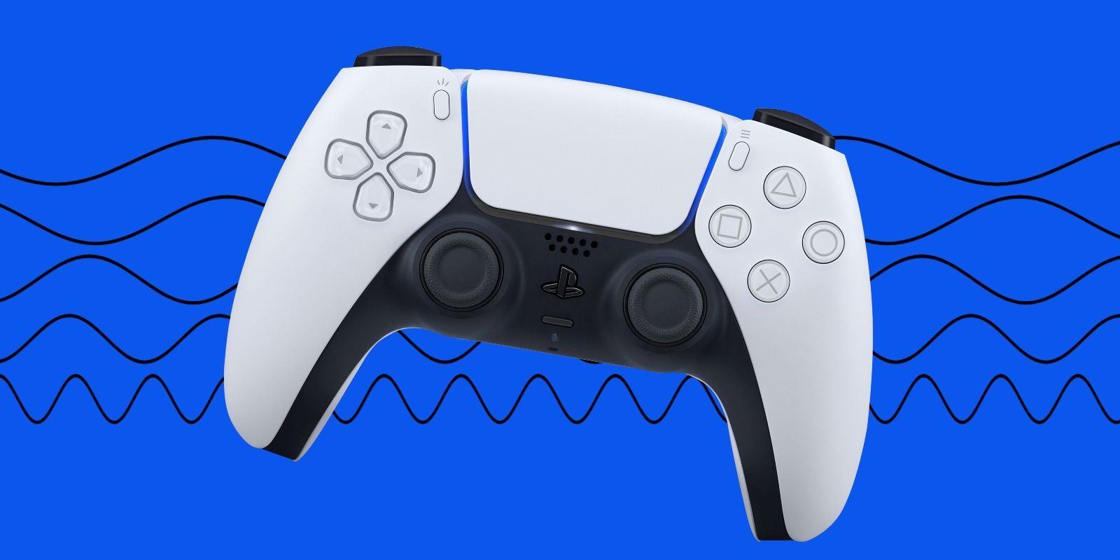  A white and black gaming controller with trigger buttons, stereo speakers, and haptic feedback is shown on a blue background with wavy lines.