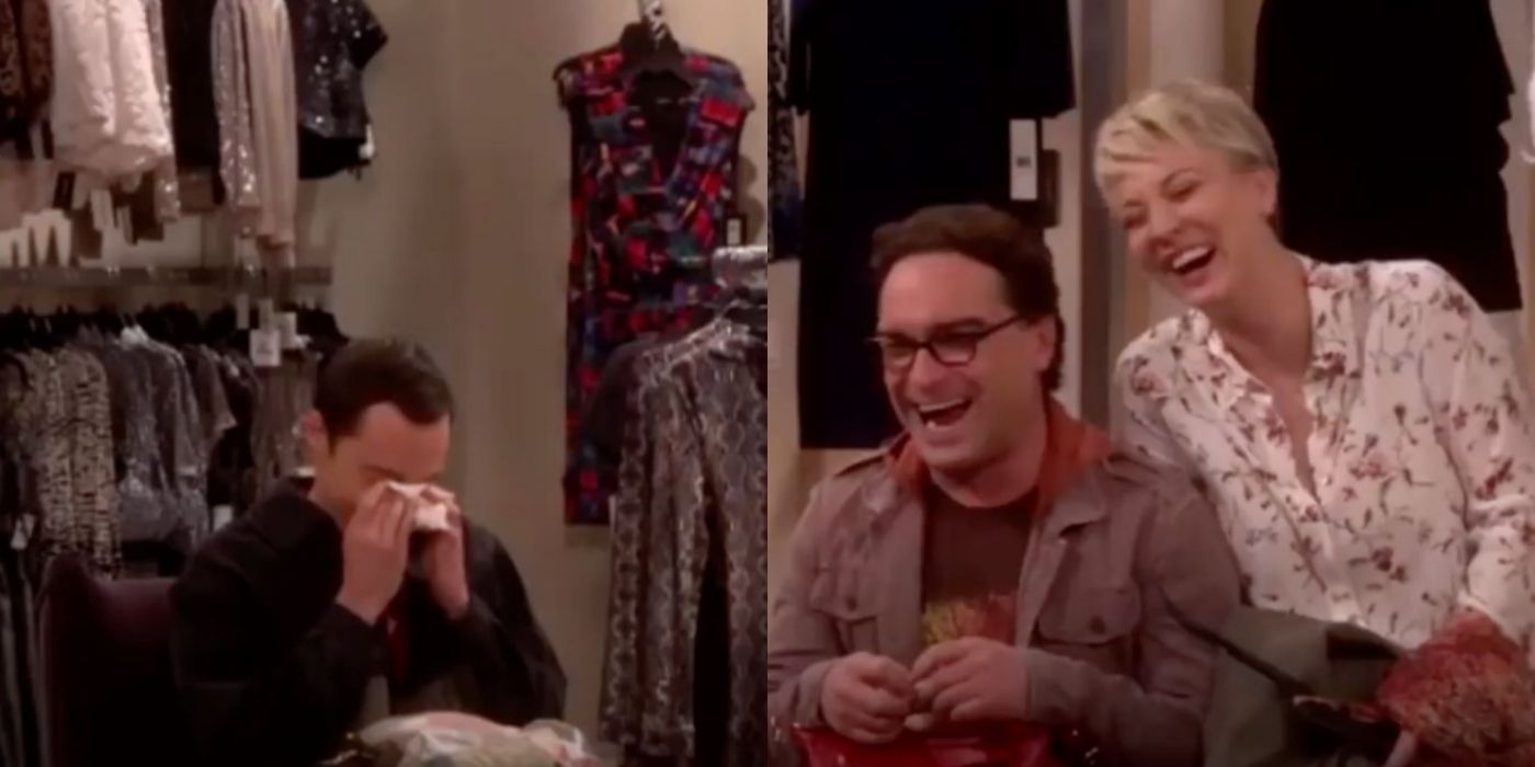 A split image of Sheldon Leonard and Penny laughing in a blooper for TBBT