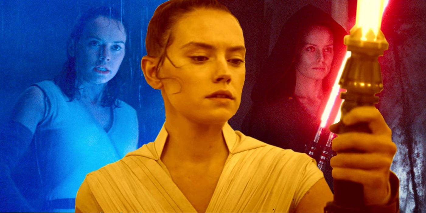 Rey with Blue Yellow and Red Lightsabers in Star Wars The Last Jedi and Rise of Skywalker