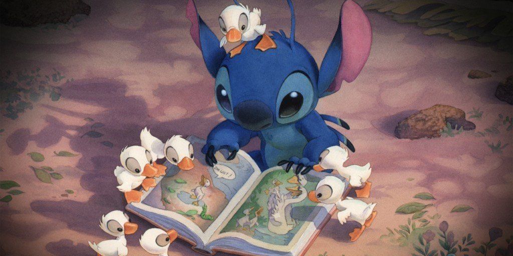 Stitch reading the ugly duckling to ducklings in Lilo and Stitch 2002