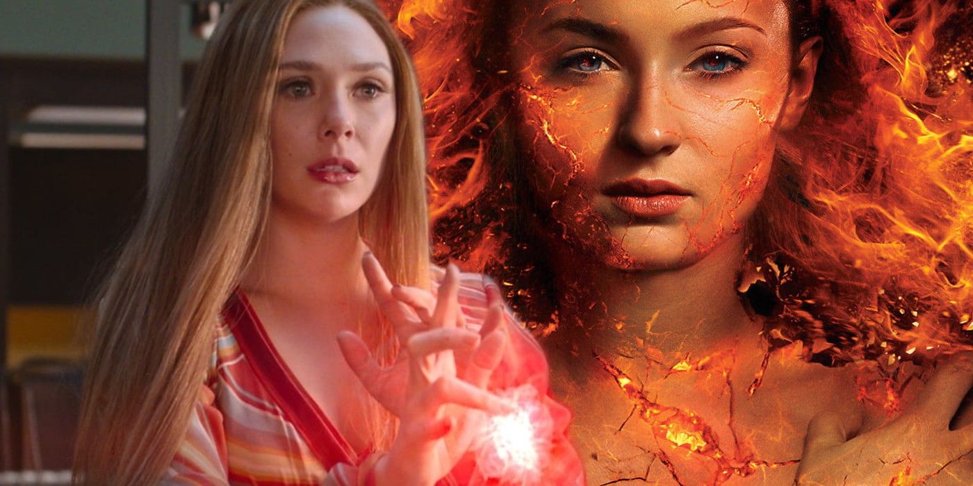 Elizabeth Olsen as Wanda Maximoff Scarlet Witch in WandaVision and Sophie Turner as Jean Grey in X Men Dark