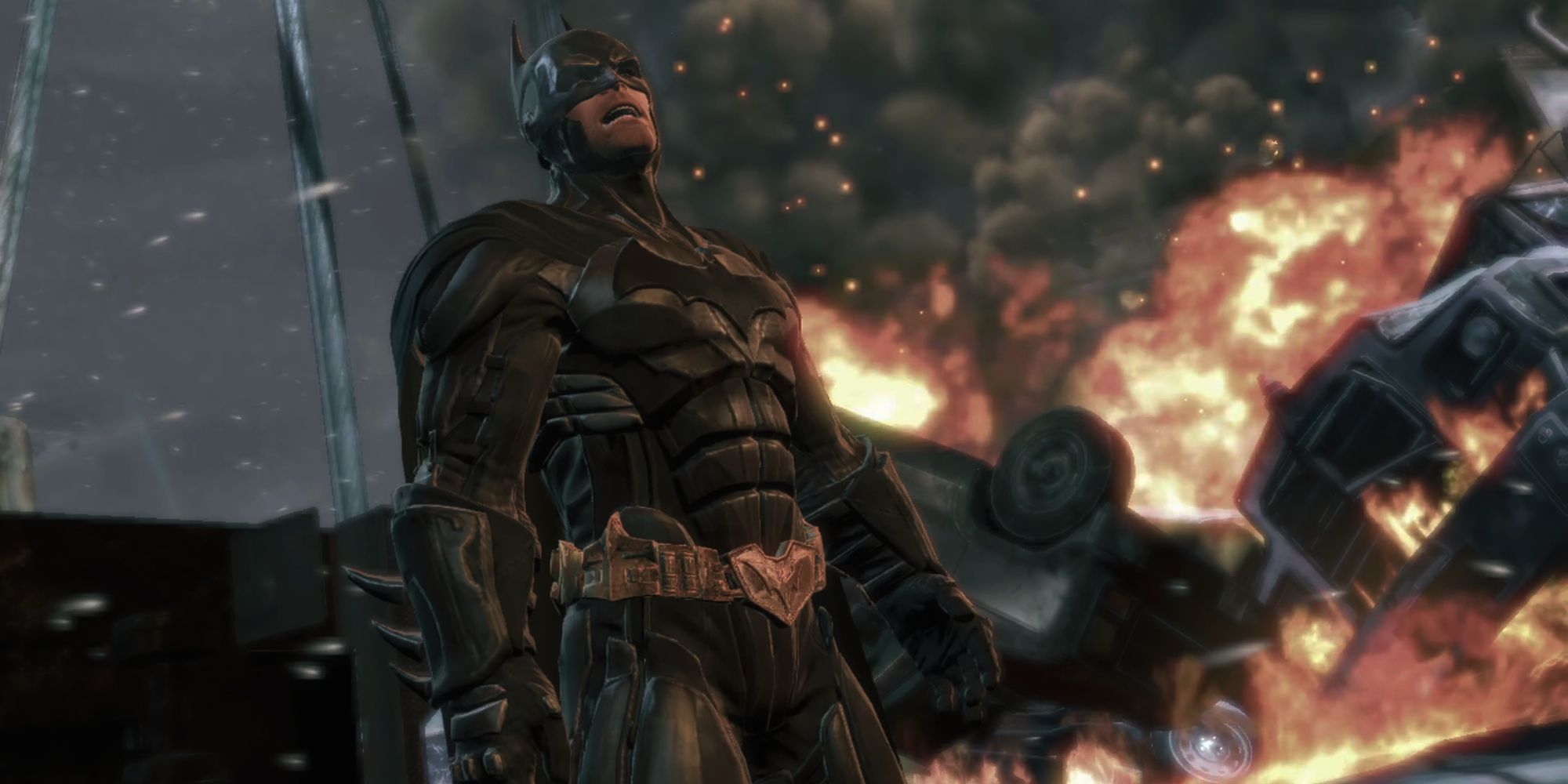 Batman in his Injustice skin confronting Firefly in Batman Arkham Origins