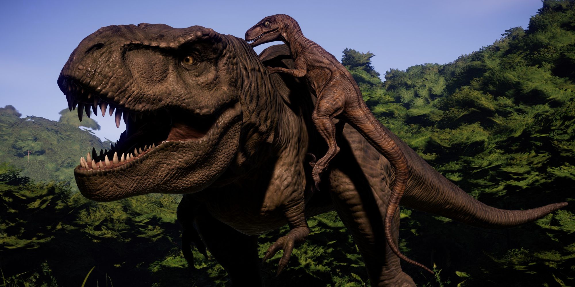 Velociraptor attacking a T Rex in Jurassic World Evolution