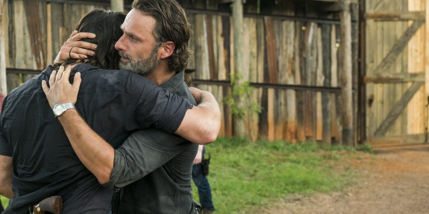 daryl and rick hug during their reunion at hilltop Cropped