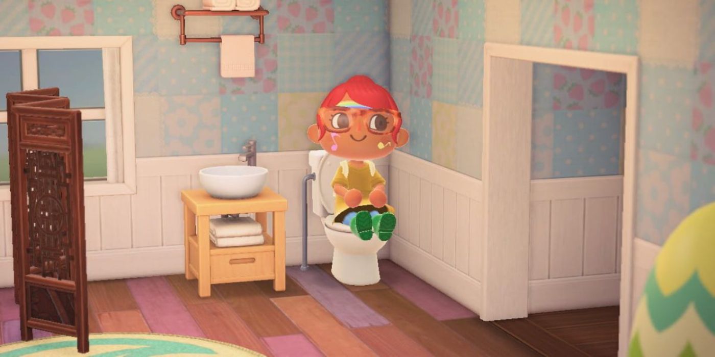A player sits on the toilet in Animal Crossing New Horizons