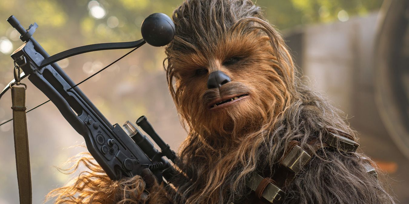 Chewbacca holding his crossbow beside the ship