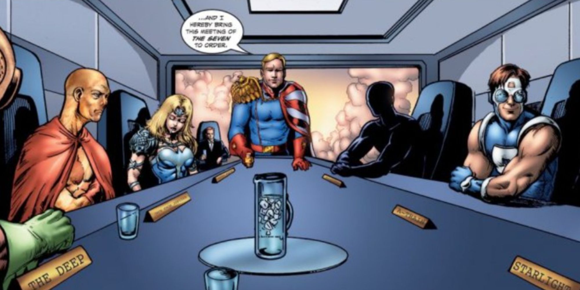 Homelander chairs a meeting of The Seven at Vought Towers in The Boys comics