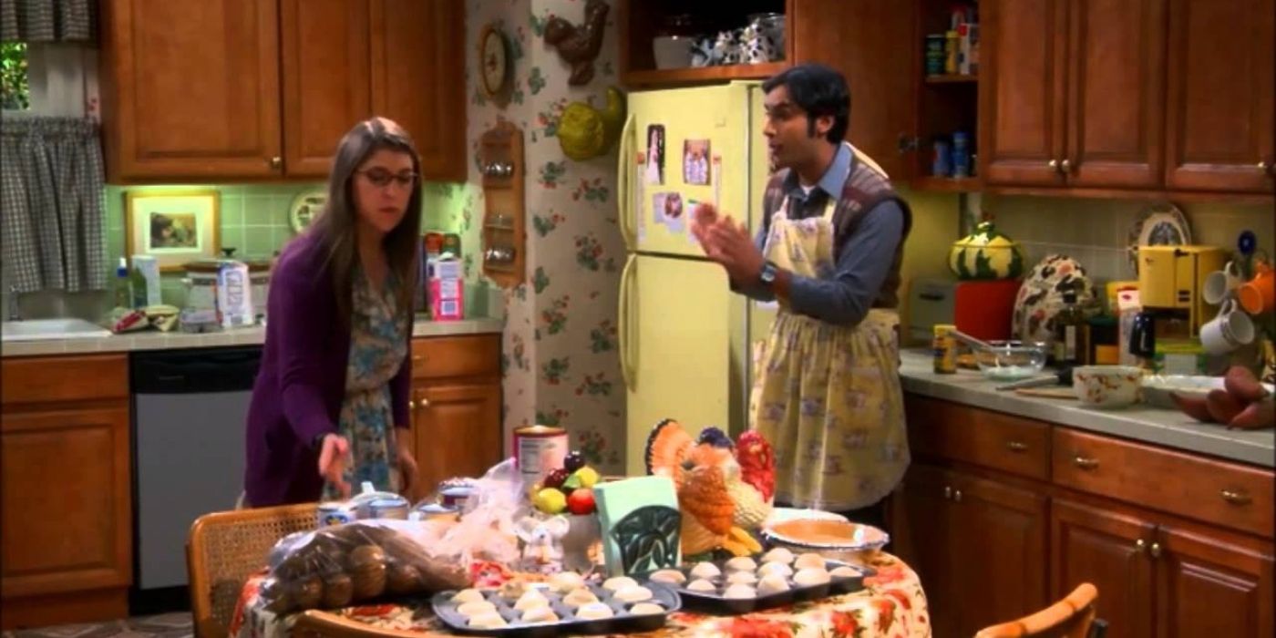 Raj and amy in the kitchen of howards house on tbbt