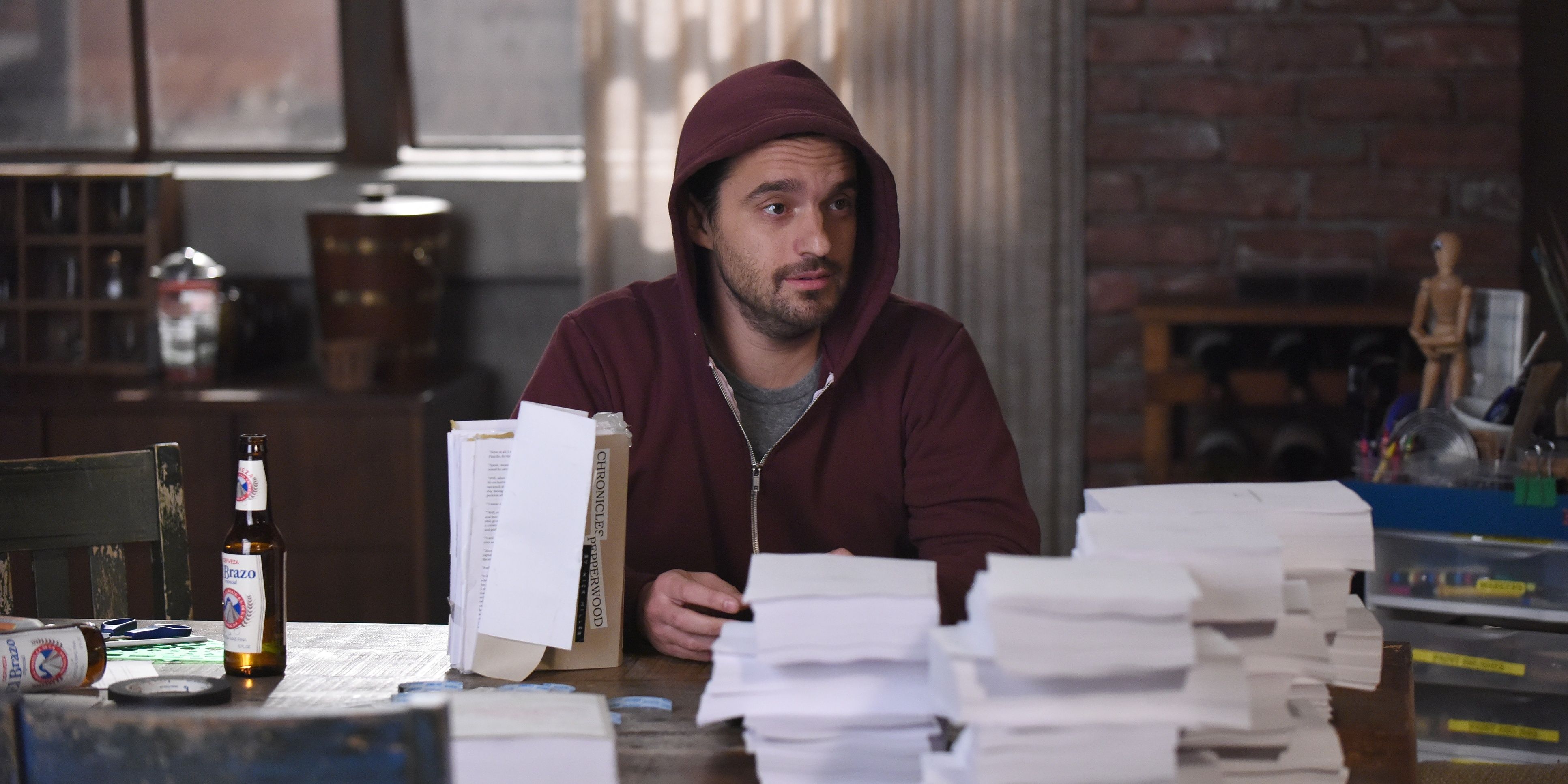 New Girl Nick Writing His Book Cropped