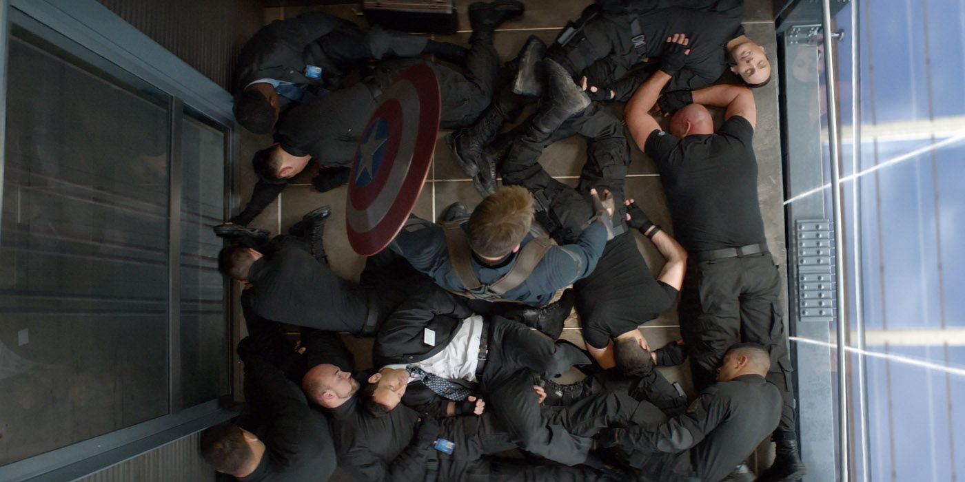 Captain America fighting Hydra agents in elevator
