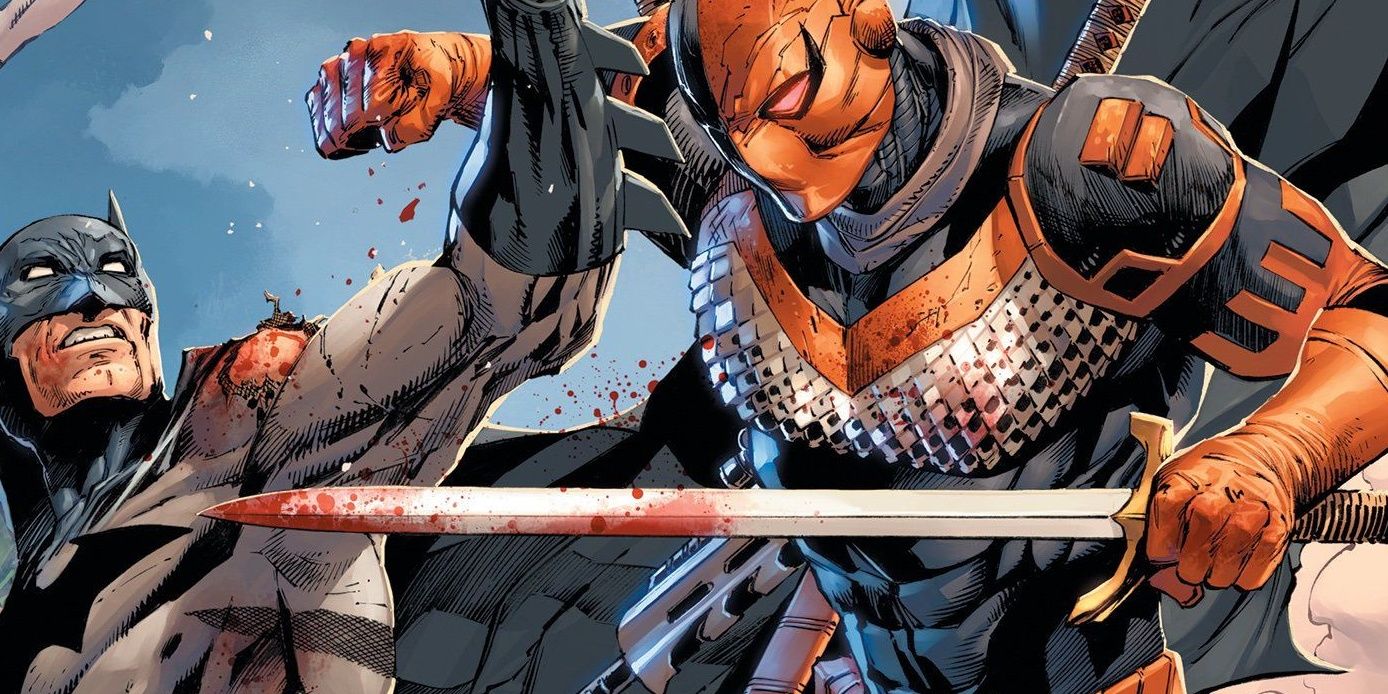 Deathstroke fighting a wounded Batman with a sword in Batman 88