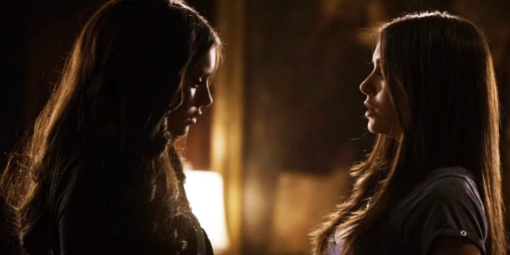 Katherine Pierce and Elena Gilbert meet in person in The Vampire Diaries