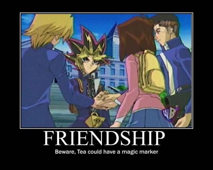 Yugioh A meme showing Joey, Yugi, Tristan, and Tea joining hands