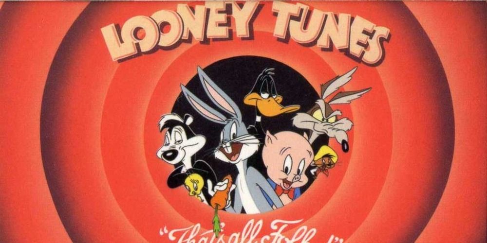 The Looney Tunes cast inside a red circle saying Thats All Folks