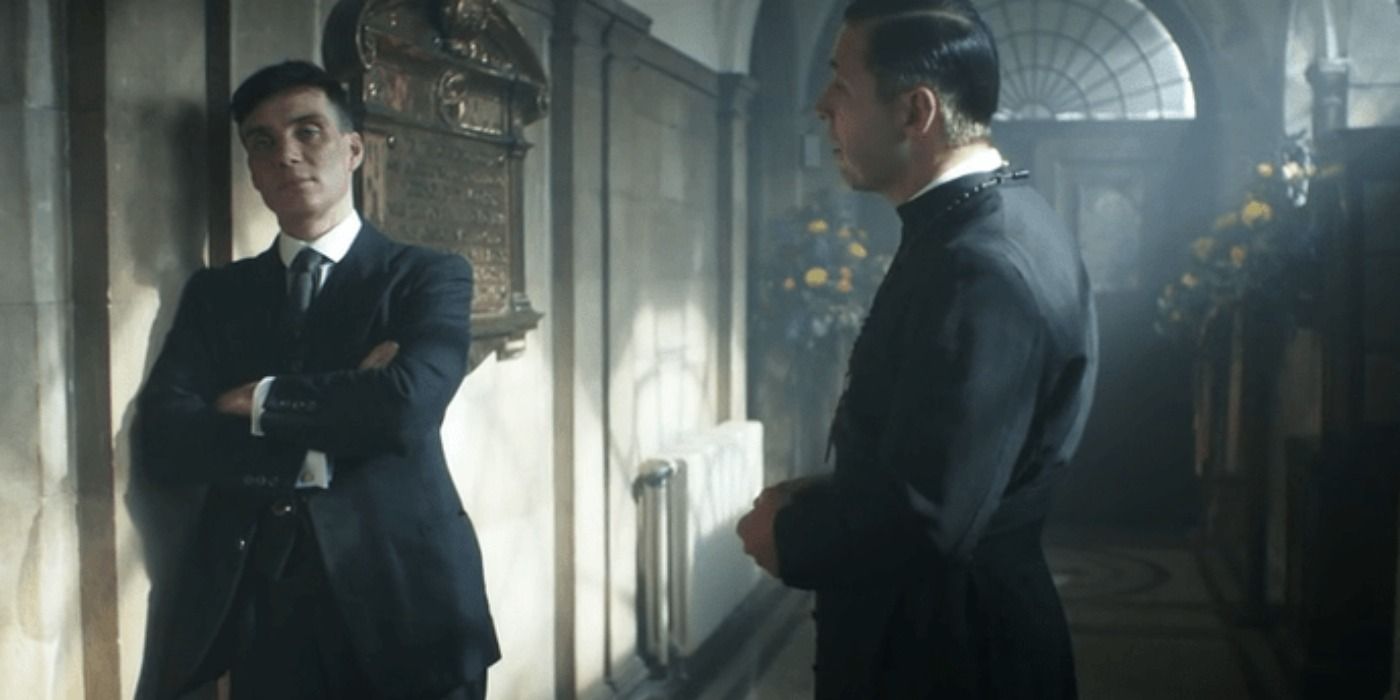 Father Hughes taunts and confronts Tommy at the opening of the Grace Shelby Foundation in Peaky Blinders