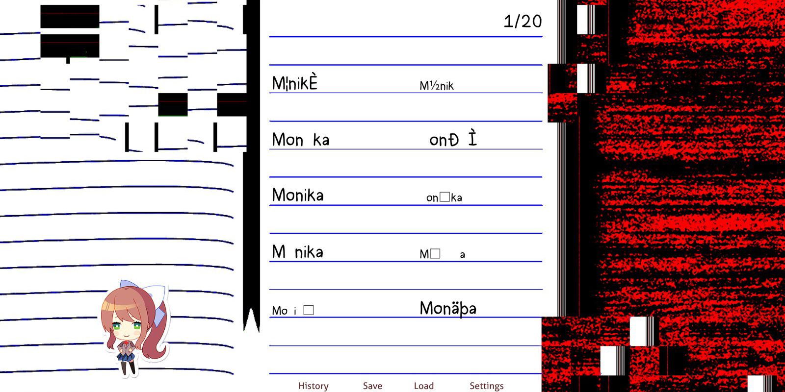 Monikas broken poem game in Doki Doki Literature Club Plus