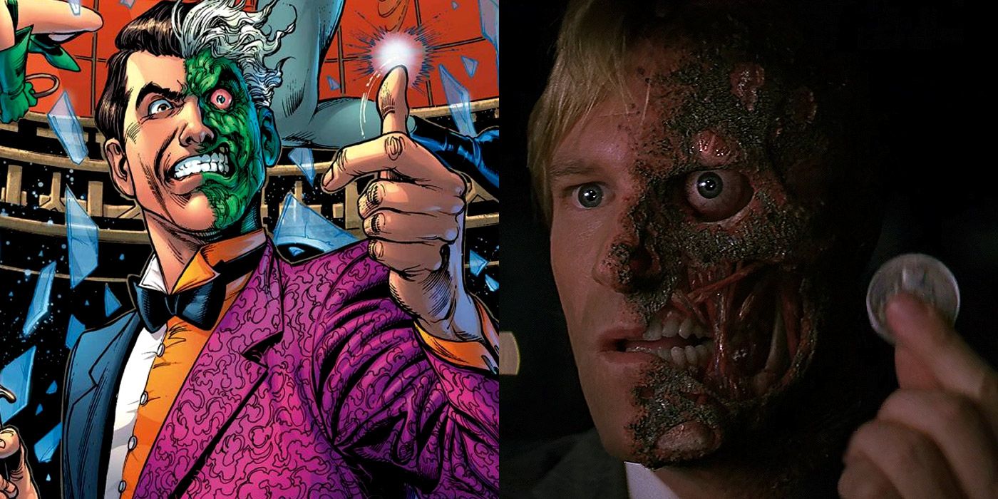 Batman Villain List - Two-Face, Two-Face has a scary appearance with a light and dark 2-color suit, and half of his face has been rotting because of the explosion. Moreover, he also decided the victim's life by simply tossing a coin of chance.