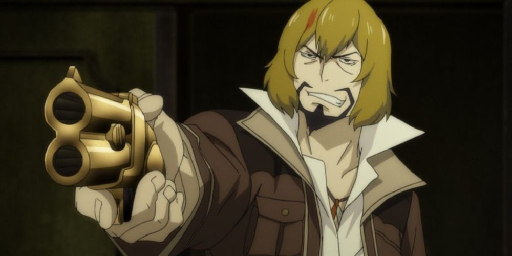 Fango from 91 Days smirking and holding up a gun