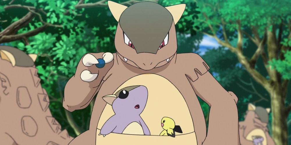 Kangaskhan from Pokemon with a baby and a Pichu in its pouch