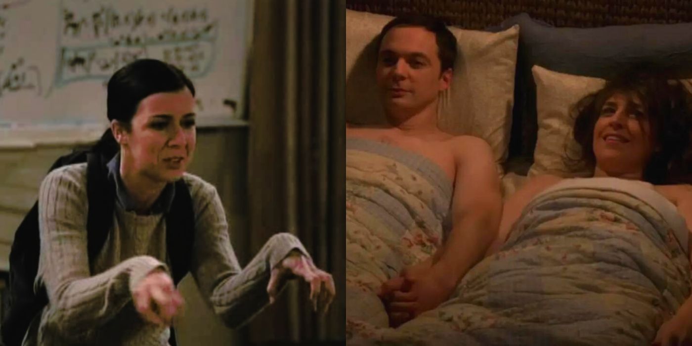 A split image of Gilda from the unaired pilot of TBBT and Sheldon sleeping with Amy