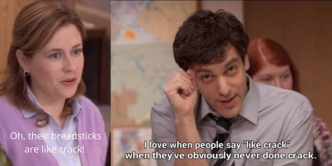 A split image of Pam and Ryan talking about bread sticks on The Office