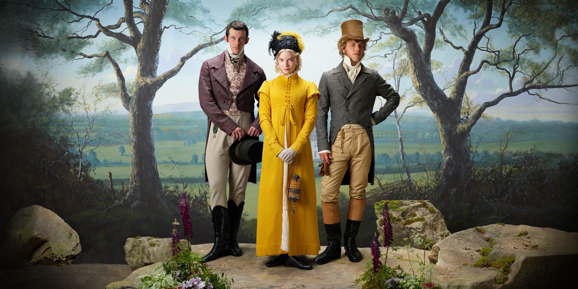 Anya Taylor Joy Johnny Flynn and Callum Turner in Emma wearing Victorian era clothes