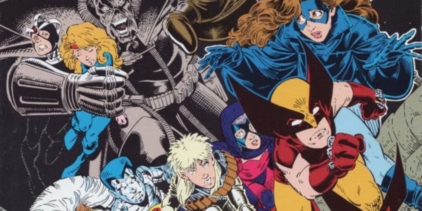 Kitty Pryde and the X Babies flee Mojoworld in Marvel Comics.