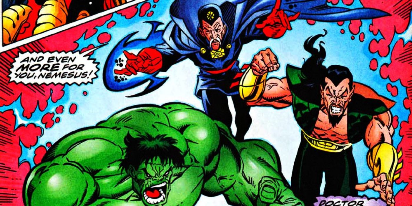 MC2 Doctor Strange fights with Hulk and Namor in Marvel Comics.
