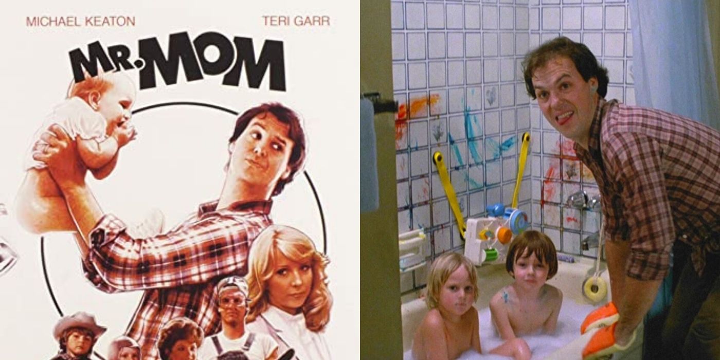Split image of the movie Mr Mom with the dad bathing his kids next to the movie promo picture