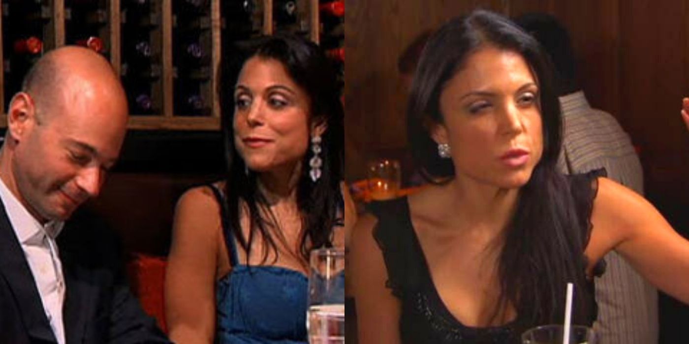 A split image of Bethenny Frankel in season 1 of RHONY with her ex boyfriend at dinner
