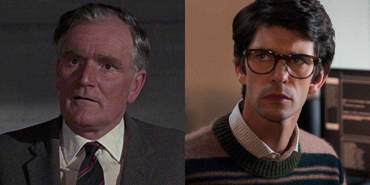 Split image of Desmond Llewelyn and Ben Whishaw as Q